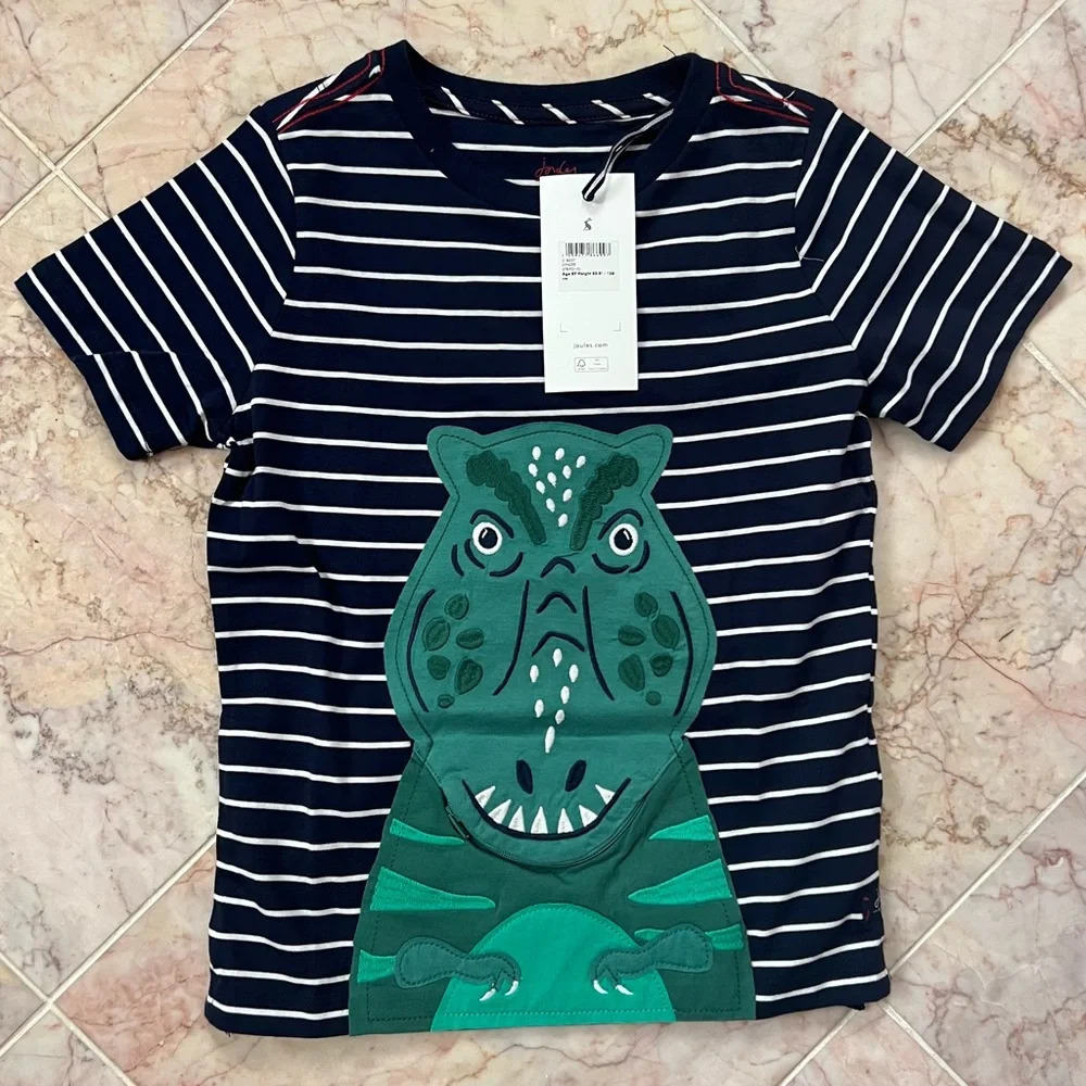 NEW Joules Made for Mischief Boys Striped T-Rex T-Shirt